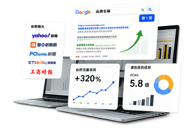 整合SEO、口碑行銷、媒體曝光、網紅合作與廣告投放